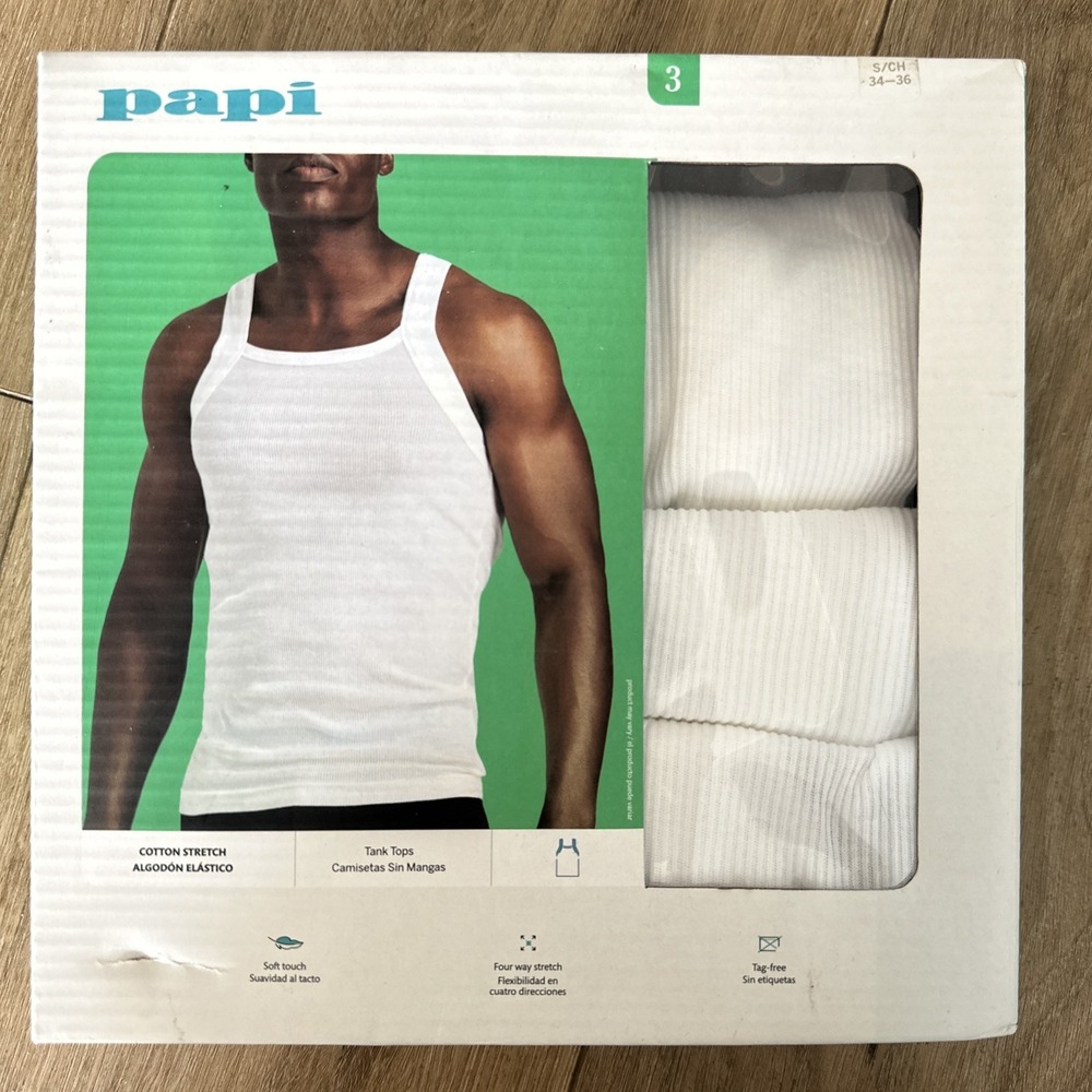 PAPI NEW 3 PACK MENS COTTON STRETCH SOFT TOUCH TAG FREE TANK TOPS  WHITE Small